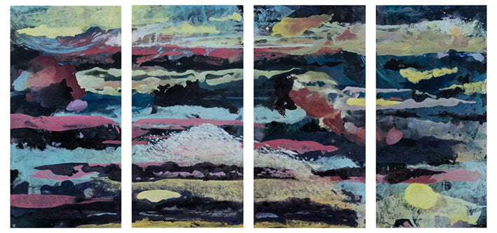 Políptico del Cielo, œuvre de Gustavo Vejarano composée de cinq panneaux abstraits évoquant des paysages célestes – peinture contemporaine aux tonalités vibrantes, proposée par la Galerie Vermeulen.