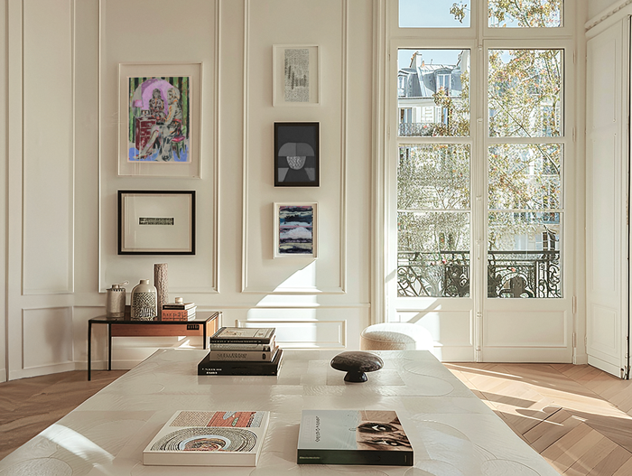 Accrochage d’œuvres d’art contemporain dans un intérieur haussmannien baigné de lumière, avec une sélection éclectique proposée par la Galerie Vermeulen – une vision élégante de la collection privée