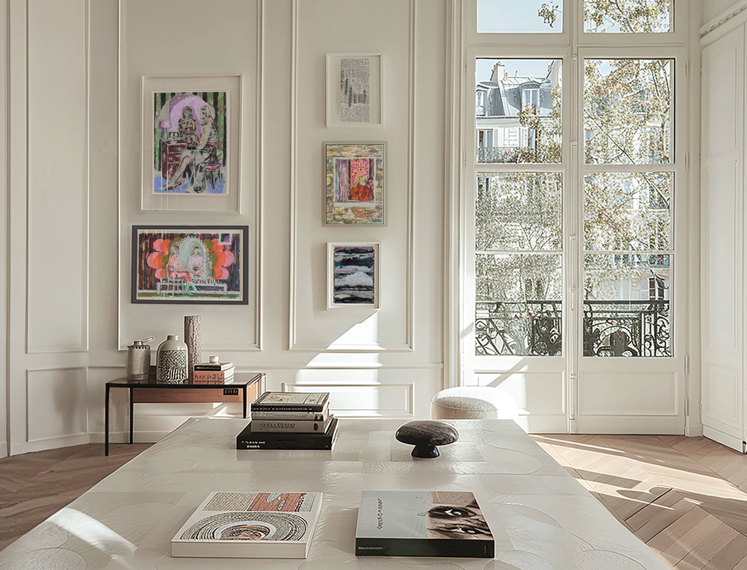 Accrochage d’œuvres d’art contemporain de LILIANE PHUNG, dans un intérieur haussmannien baigné de lumière, accompagnées d'une sélection éclectique proposée par la Galerie Vermeulen – une vision élégante de la collection privée.