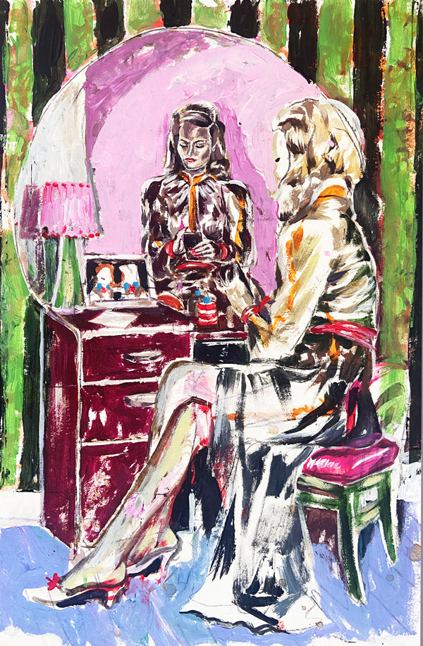 Peinture contemporaine figurative intitulée “Autoportrait XIV”. Une femme élégante est représentée assise face à sa coiffeuse, ignorant son reflet dans un miroir aux teintes mauves. L’œuvre explore les notions d’identité et de double regard, dans un décor intérieur riche en textures : fauteuil vert, lampe rose, tapis bleu et fond de rideaux vert foncé. Style expressif, entre figuration narrative et art contemporain.