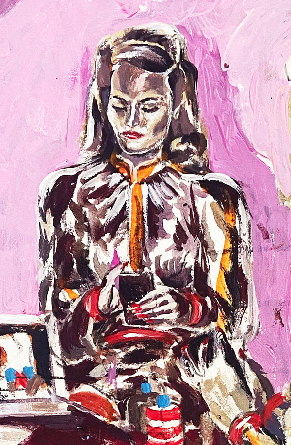 Peinture contemporaine figurative intitulée “Autoportrait XIV” de l'artiste franco-vietnamienne Liliane Phung. Une femme élégante est représentée assise face à sa coiffeuse, ignorant son reflet dans un miroir aux teintes mauves. L’œuvre explore les notions d’identité et de double regard. Style expressif, entre figuration narrative et art contemporain.