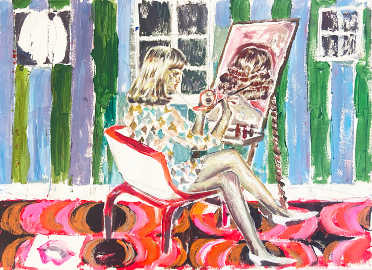 Peinture contemporaine de Liliane Phung intitulée “Autoportrait VI”, représentant une femme en train de peindre son reflet à l'aide un miroir. La scène, située dans un intérieur au style rétro avec un tapis rouge graphique et un papier peint vert et bleu, est traitée dans une figuration expressive et texturée.
