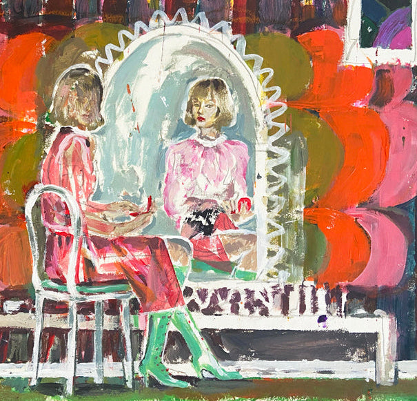 Détail de la peinture figurative représentant une femme assise face à un miroir, dans une palette vive et texturée – œuvre de Liliane Phung proposée par la Galerie Vermeulen.