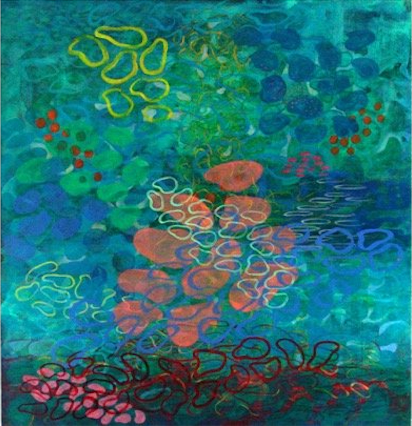Oeuvre de l'artiste colombien Gustavo Vejarano, une peinture à l'huile organique, aquatique, aux couleurs vertes, bleues, oranges, jaunes, rouges. Une oeuvre d'art contemporain, présenté par la Galerie Vermeulen.