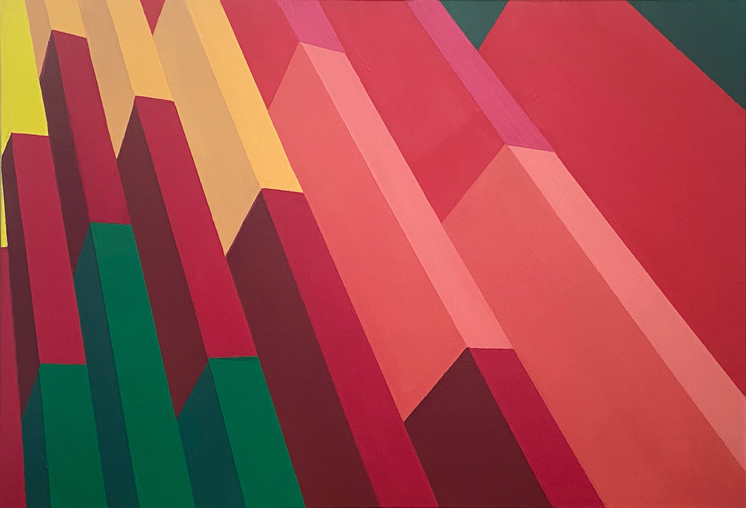 ne peinture de l'artiste DEBENS, appelée "Steps", une oeuvre d'art contemporain géométrique et architecturale présentée par la Galerie Vermeulen.