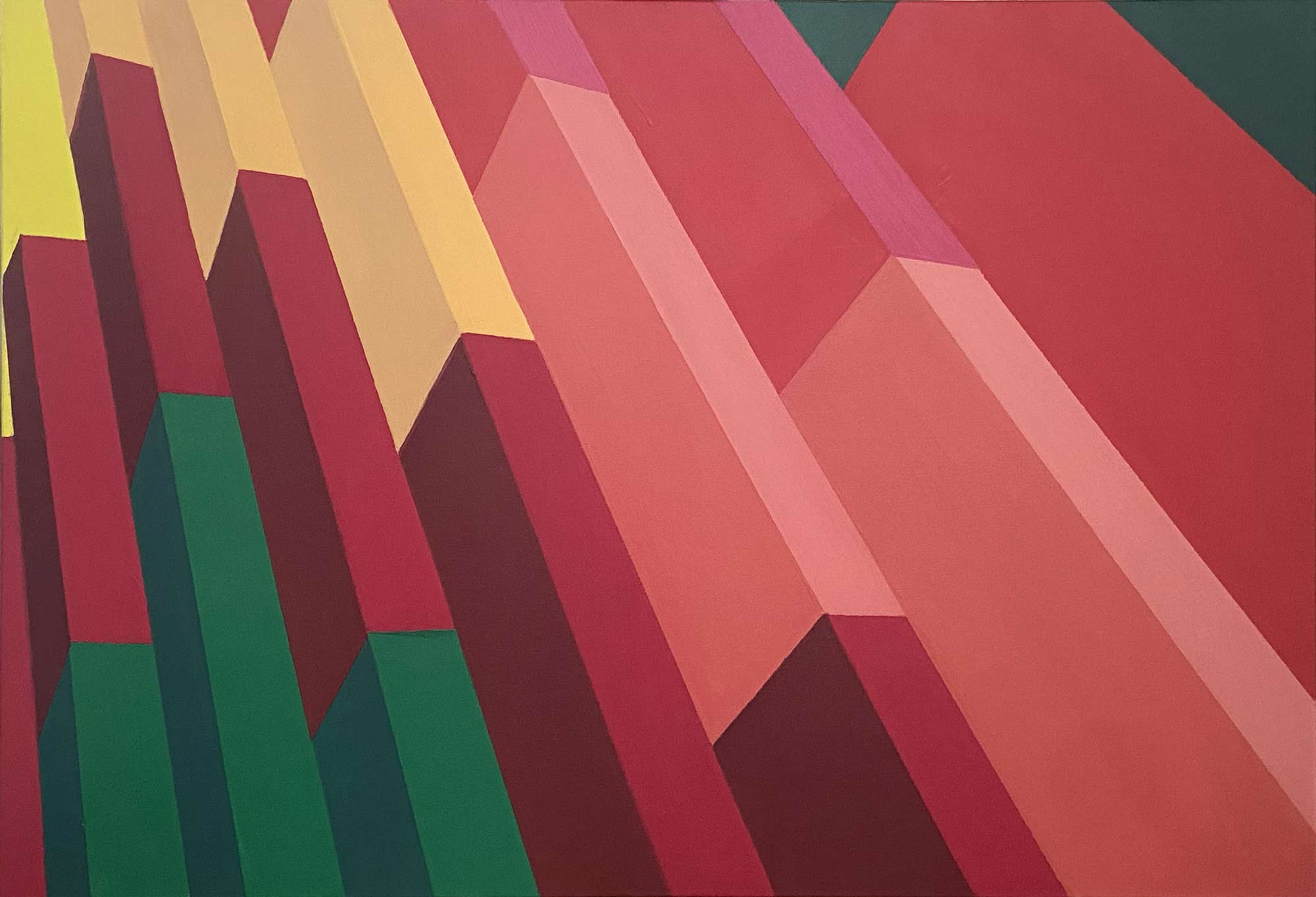 ne peinture de l'artiste DEBENS, appelée "Steps", une oeuvre d'art contemporain géométrique et architecturale présentée par la Galerie Vermeulen. Œuvre à vendre en ligne.