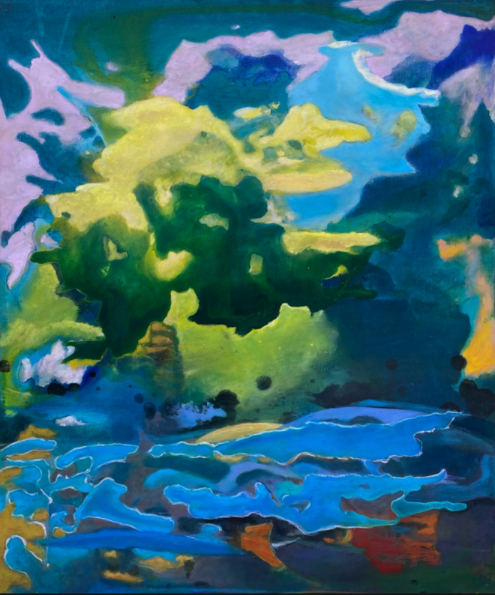 Peinture abstraite de l'artiste colombien Gustavo Vejarano aux nuances de bleu, vert et jaune évoquant un paysage fluide et lumineux – œuvre contemporaine vendue par la Galerie Vermeulen, Paris.