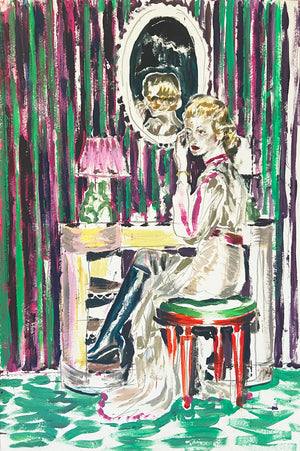 Peinture de figuration contemporaine intitulée “Chez Davoli” de Liliane Phung. Une femme assise devant une coiffeuse au miroir ovale. L’œuvre mêle codes esthétiques rétro et touche expressionniste, avec des rideaux rayés violets et verts, un tapis vert émeraude, et une lumière tamisée. L’artiste explore la construction de l’image de soi à travers un style figuratif vibrant et théâtral.
