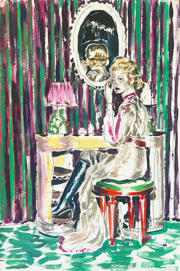Peinture de figuration contemporaine intitulée “Chez Davoli” de Liliane Phung. Une femme assise devant une coiffeuse au miroir ovale. L’œuvre mêle codes esthétiques rétro et touche expressionniste, avec des rideaux rayés violets et verts, un tapis vert émeraude, et une lumière tamisée. L’artiste explore la construction de l’image de soi à travers un style figuratif vibrant et théâtral.