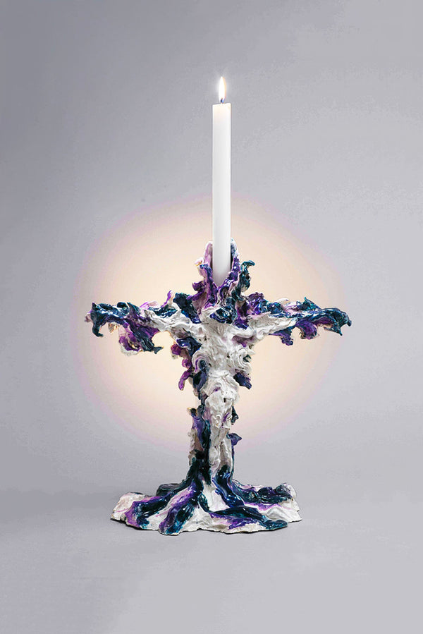 Bougeoir Christo de Gérald Schmite, sculpture en céramique expressive représentant le Christ, entre sacré, design d’art contemporain.