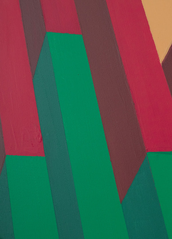 Détail de "Step II" de Debens, 2024, une peinture acrylique contemporaine, mettant en valeur des nuances vibrantes de rouge et vert et orange dans une composition géométrique abstraite.