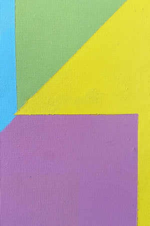 Détail du tableau Carré Rose de Debens – Œuvre géométrique contemporaine aux couleurs jaune, rose, vert et bleu.