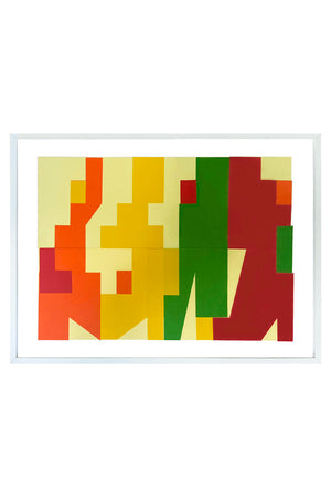  Collage géométrique abstrait contemporain de l'artiste DEBENS. Une œuvre colorée sous cadre blanc - composition de rouge vert jaune orange - Galerie Vermeulen