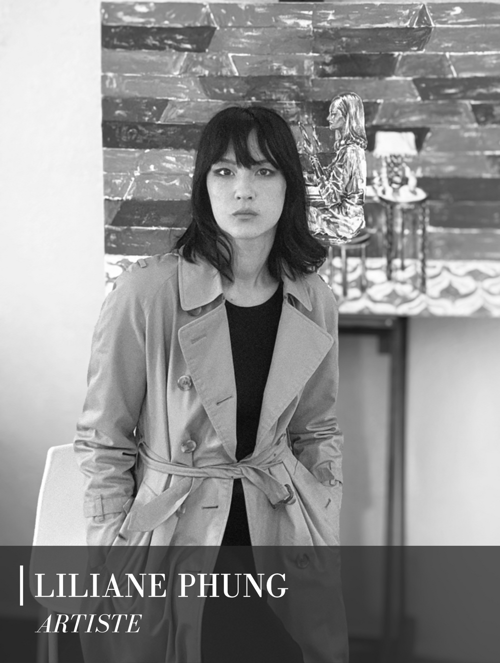 Portrait en noir et blanc de l’artiste Liliane Phung, peintre contemporain figuratif – présenté par la Galerie Vermeulen.