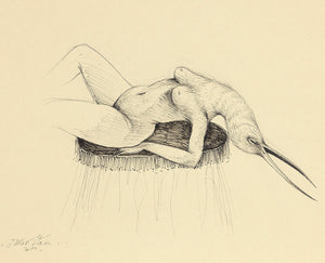 Détail du dessin original de Miss Van, réalisé à l'encre sur papier, représentant une femme-oiseau, nue à tête d’oiseau.
