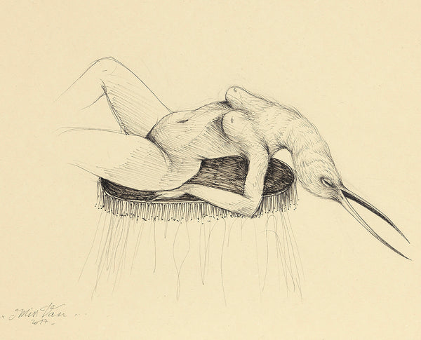 Détail du dessin original de Miss Van, réalisé à l'encre sur papier, représentant une femme-oiseau, nue à tête d’oiseau.