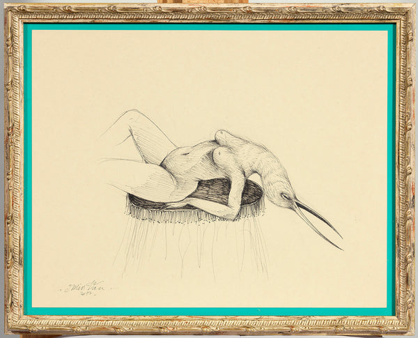 Dessin original de Miss Van, mise en valeur dans un cadre doré avec un passe-partout turquoise. L'oeuvre représente une figure féminine nue à tête d’oiseau, allongée, tête renversée.