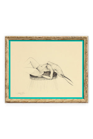 Dessin original de Miss Van, encre sur papier, figure féminine nue à tête d’oiseau, œuvre encadrée.