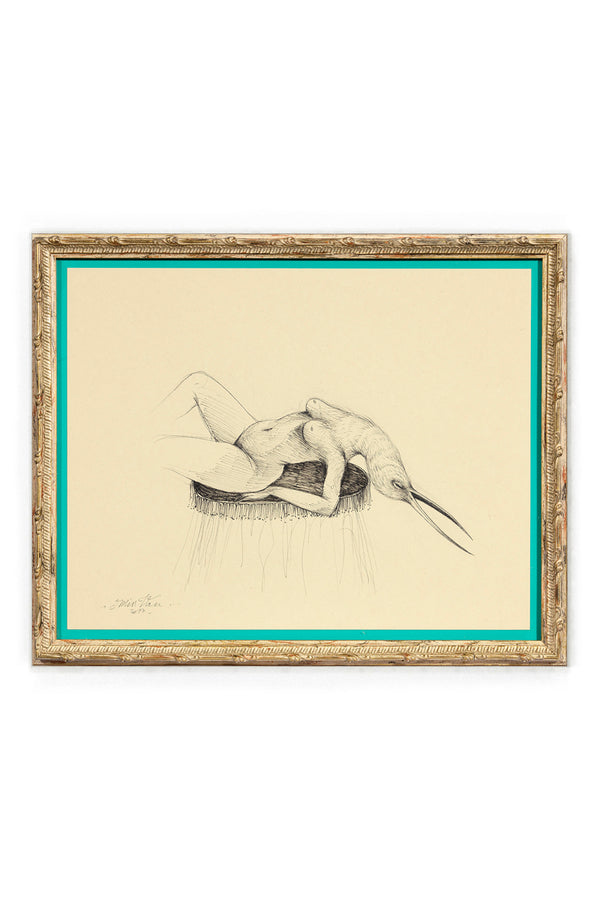 Dessin original de Miss Van, encre sur papier, figure féminine nue à tête d’oiseau, œuvre encadrée.