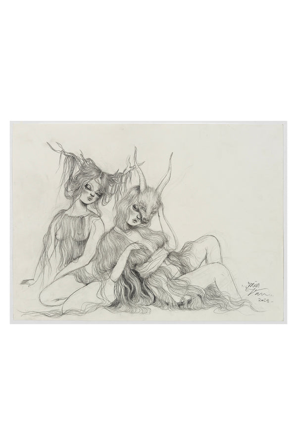 Œuvre originale de Miss Van, graphite sur papier, représentant deux femmes nues recouvertes de cheveux, aux coiffures animales, dessin signé par l'artiste contemporaine.