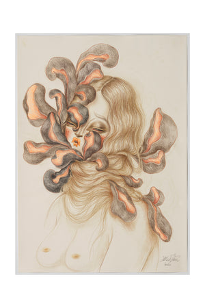 Dessin au crayon et graphite sur papier, par l'artiste Miss Van, portrait féminin masqué par des pétales organiques.