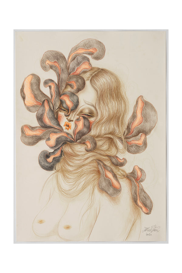 Dessin au crayon et graphite sur papier, par l'artiste Miss Van, portrait féminin masqué par des pétales organiques.