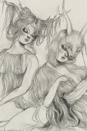 Détail de l'Œuvre originale de Miss Van, graphite sur papier: deux femmes nues aux coiffures animales, dessin signé.