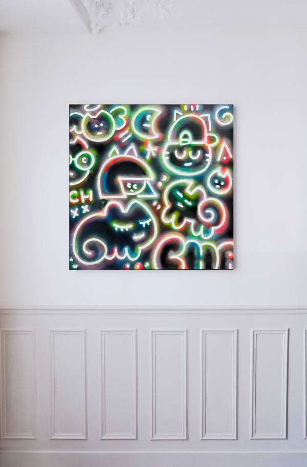 Vue d’installation d’une œuvre de figuration Libre et Street art de Chanoir, peinture acrylique, exposée dans un intérieur parisien – en vente chez Galerie Vermeulen, art contemporain en ligne.