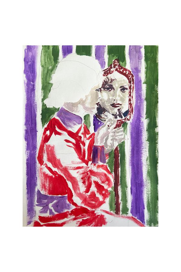 Oeuvre d'art : Autoportrait V de Liliane Phung, peinture sur papier, figurative contemporaine réalisée avec de l'acrylique et crayon, représentant une femme au miroir sur fond vertical coloré.