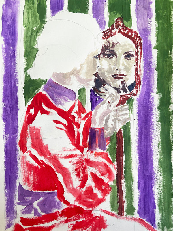 Autoportrait V de Liliane Phung, œuvre figurative contemporaine en acrylique et crayon sur papier, représentant une femme au miroir sur fond vertical coloré.