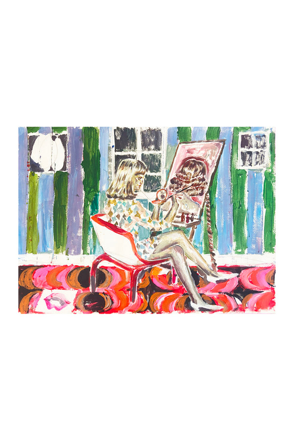 Peinture contemporaine intitulée “Autoportrait VI”, de Liliane Phung, représentant une femme en train de peindre son reflet à l'aide d'un miroir. La scène, située dans un intérieur au style rétro avec du papier-peint vert et bleu, est traitée dans une figuration expressive et texturée.