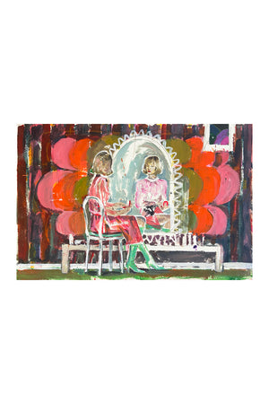 Peinture figurative représentant une femme assise face à un miroir, dans une palette vive et texturée – œuvre de Liliane Phung proposée par la Galerie Vermeulen.