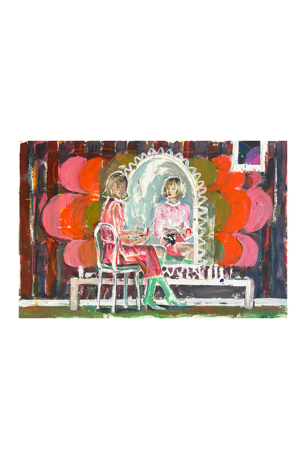 Peinture figurative représentant une femme assise face à un miroir, dans une palette vive et texturée – œuvre de Liliane Phung proposée par la Galerie Vermeulen.