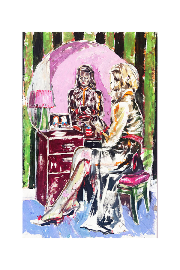 Peinture contemporaine figurative intitulée “Autoportrait XIV”. Une femme élégante est représentée assise face à sa coiffeuse, ignorant son reflet dans un miroir aux teintes mauves. L’œuvre explore les notions d’identité et de double regard, dans un décor intérieur riche en textures : fauteuil vert, lampe rose, tapis bleu et fond de rideaux vert foncé. Style expressif, entre figuration narrative et art contemporain.