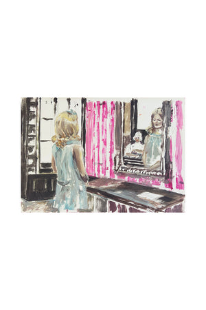 Peinture de figuration contemporaine intitulée “Autoportrait XV” de Liliane Phung. Une femme se tenant devant un miroir, les mains jointes. L’œuvre mêle codes esthétiques rétro et touche expressionniste, avec un papier peint rose à rayures. L’artiste explore la construction de l’image de soi à travers un style figuratif vibrant et théâtral.