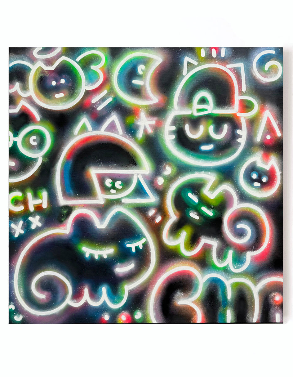 Peinture 'chas néons de la lune" de l'artiste contemporain street art Chanoir, représentant des figures félines stylisées sur fond noir, typique de son univers pop art – en vente à la Galerie Vermeulen.