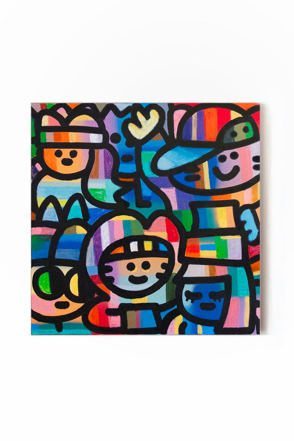Peinture acrylique sur toile signée CHANOIR, intitulée "Chas de lumières", représentant un groupe de personnages aux couleurs vives. Composition graphique influencée par le street Art, avec des lignes noires contrastées et un fond multicolore.
