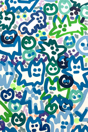 Détail de l'Œuvre originale de l’artiste street art Chanoir réalisée sur papier Arches 640 g, composition dense de figures stylisées aux contours épais, visages expressifs et couleurs vives, style pop et graphique.