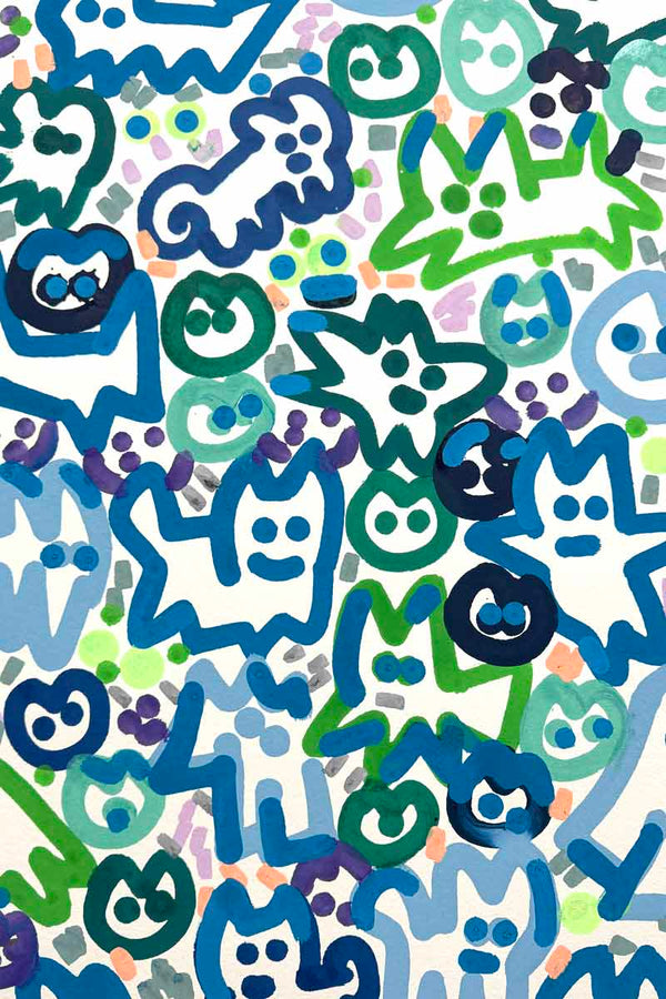 Détail de l'Œuvre originale de l’artiste street art Chanoir réalisée sur papier Arches 640 g, composition dense de figures stylisées aux contours épais, visages expressifs et couleurs vives, style pop et graphique.