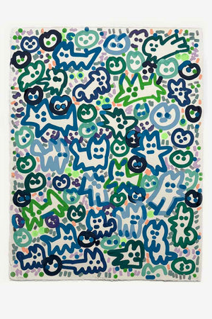 Œuvre originale de l’artiste street art Chanoir réalisée sur papier Arches 640 g, composition dense de figures stylisées aux contours épais, visages expressifs et couleurs vives, style pop et graphique.