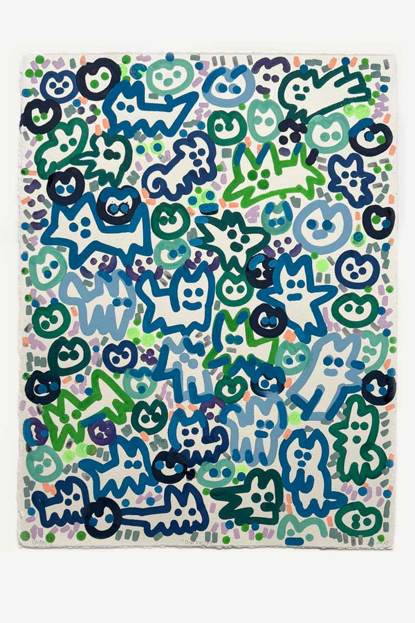 Œuvre originale de l’artiste street art Chanoir réalisée sur papier Arches 640 g, composition dense de figures stylisées aux contours épais, visages expressifs et couleurs vives, style pop et graphique.