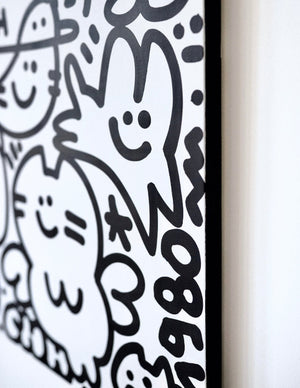 Détail d’une œuvre en noir et blanc de CHANOIR, mettant en scène des personnages félins stylisés avec des lignes épaisses et les chiffres "1980" inscrits sur le côté. Art urbain et pop art sur toile, capturant l’esthétique graphique iconique de l’artiste.