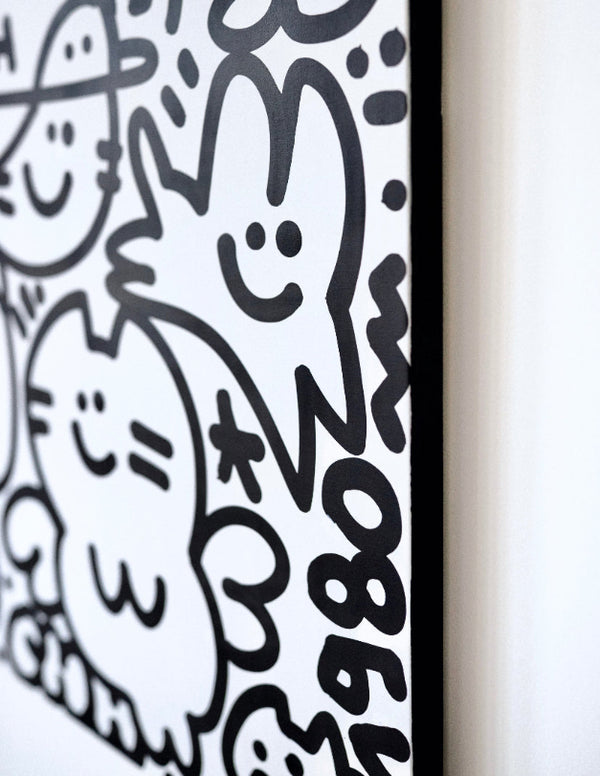 Détail d’une œuvre en noir et blanc de CHANOIR, mettant en scène des personnages félins stylisés avec des lignes épaisses et les chiffres "1980" inscrits sur le côté. Art urbain et pop art sur toile, capturant l’esthétique graphique iconique de l’artiste.