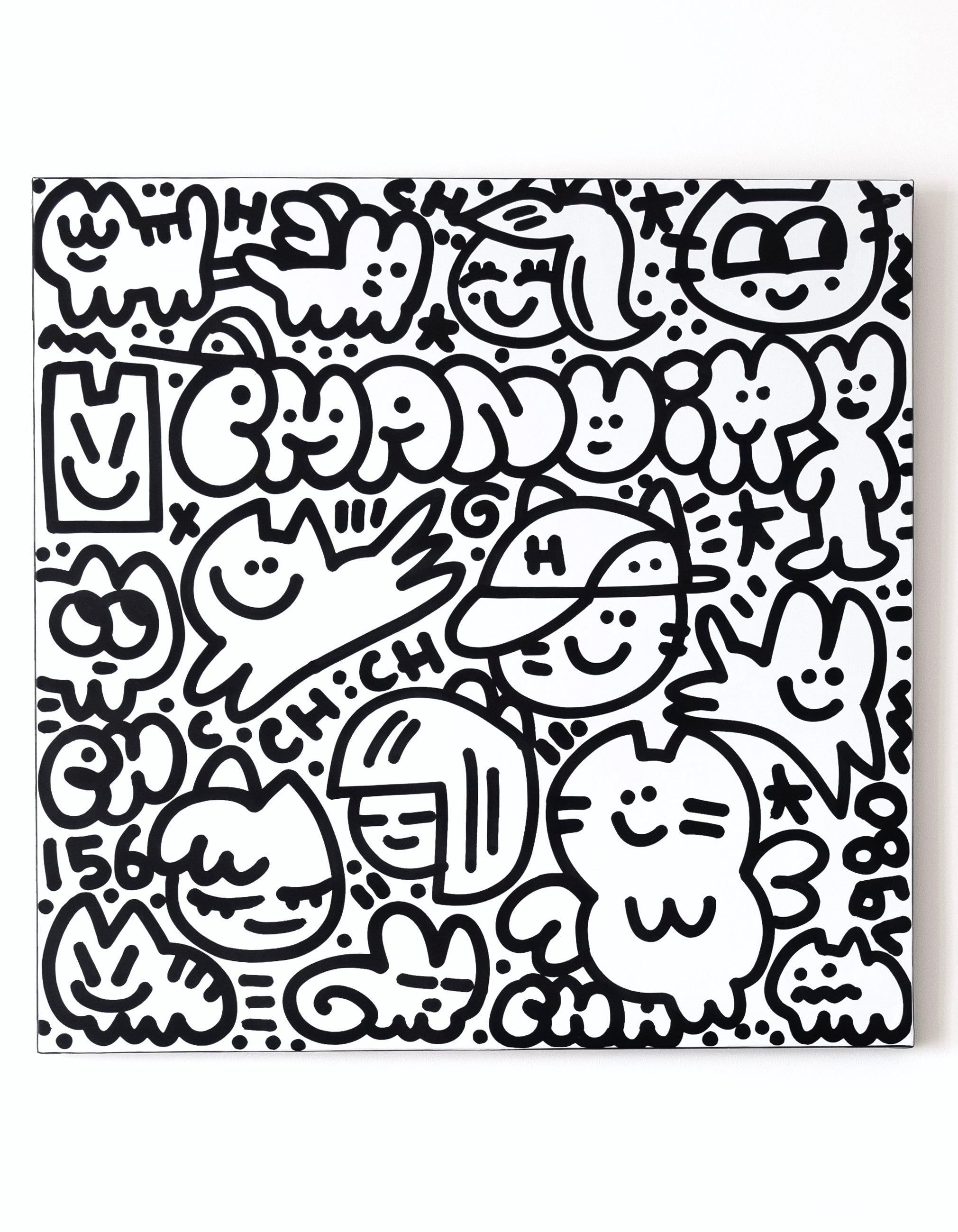 Peinture 'chas en vacances" de l'artiste contemporain Street Art Chanoir, représentant des figures félines stylisées noires sur fond blanc, typique de son univers pop art – en vente à la Galerie Vermeulen.