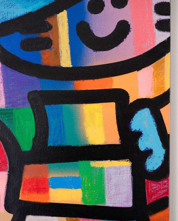 Détail de la bordure de l'oeuvre "Chas de lumière" de CHANOIR. Une peinture d'art contemporain, mêlant street art et pop art, aux couleurs vibrantes et aux contours noirs épais.