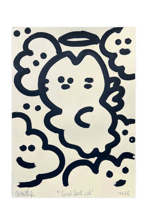 Chanoir 'Good Luck Cat' 2025 - œuvre originale dessin noir sur papier beige, chats stylisés street art contemporain, signée et titrée - Galerie Vermeulen