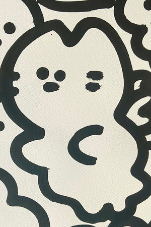 Détail œuvre Chanoir 2025 - chat stylisé noir sur papier beige, dessin au trait caractéristique street art contemporain - Galerie Vermeulen