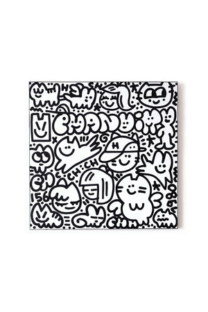 Vue de face de "Chas en vacances" de CHANOIR. Acrylique sur toile, noir et blanc, représentant un univers graphique ludique et peuplé de personnages félins et souriants, typiques du style street art de l’artiste.