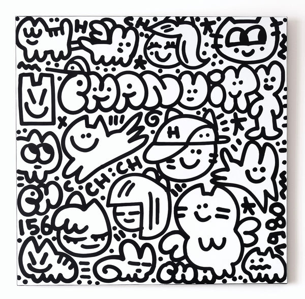 Acrylique sur toile, noir et blanc, représentant un univers graphique ludique et peuplé de personnages félins et souriants, typiques du style street art de l’artiste.