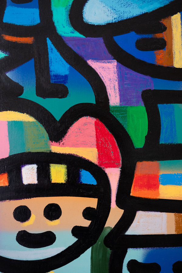 Détail du travail de pastel à l'huile sur peinture acrylique de la toile signée CHANOIR, représentant un personnage stylisé entouré de couleurs vives. Composition dynamique inspirée du street art et du pop art, avec des contours noirs contrastés.